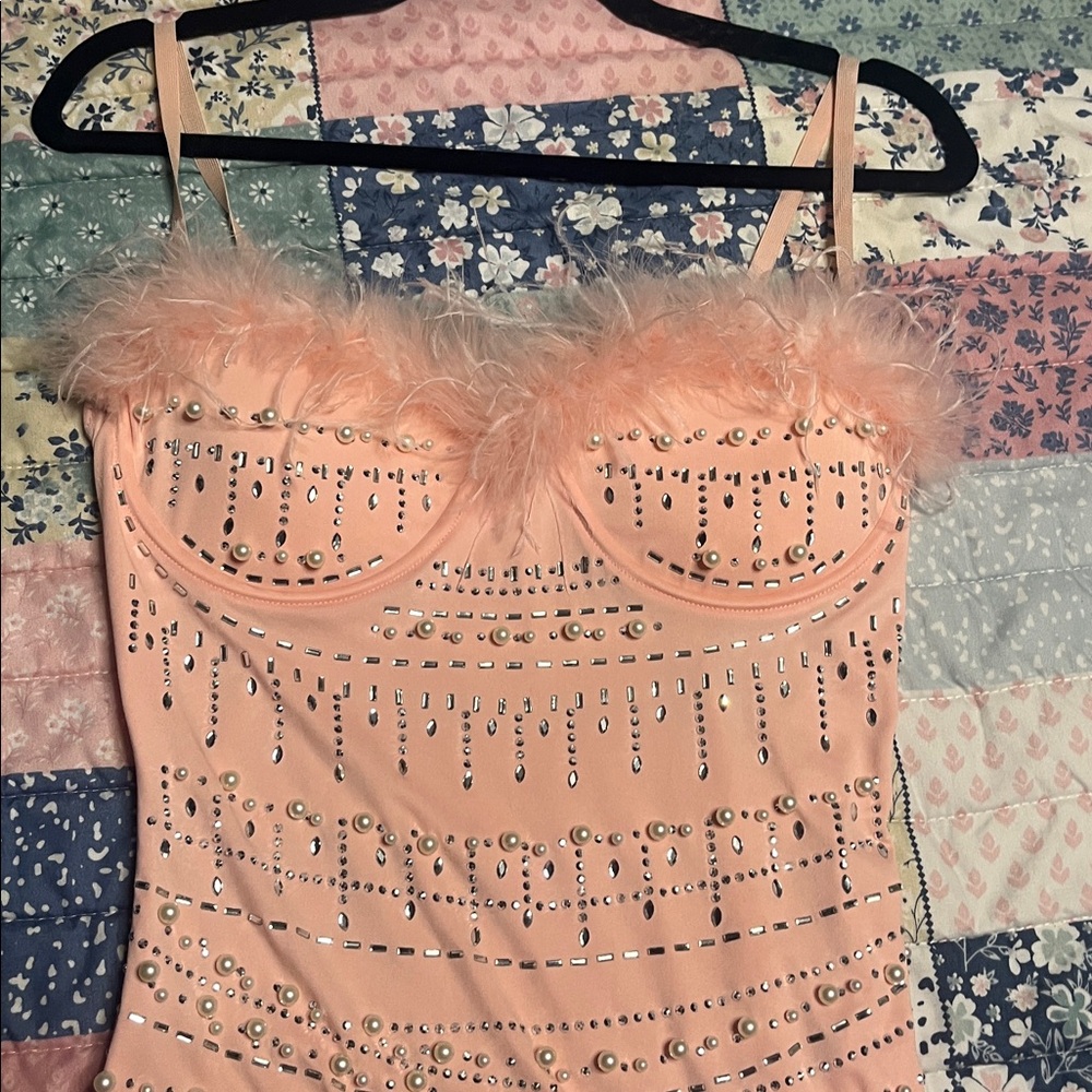 Source Unknown Peach Strapless Feather-Trim Rhine… - image 3